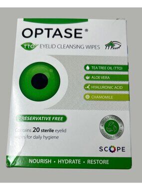 Optase TTO Eyelid Cleansing Wipes Tea Tree Oil Aloe Vera Chamomile Hyaluronic Ac